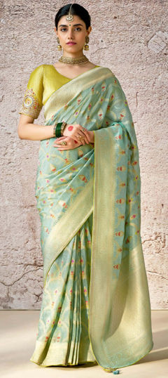 Bridal, Wedding Green color Saree in Brasso fabric with Classic Embroidered, Resham, Stone, Weaving, Zari work : 1971832