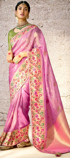 Bridal, Wedding Pink and Majenta color Saree in Brasso fabric with Classic Embroidered, Resham, Stone, Weaving, Zari work : 1971833