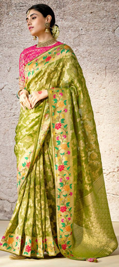 Bridal, Wedding Green color Saree in Brasso fabric with Classic Embroidered, Resham, Stone, Weaving, Zari work : 1971834