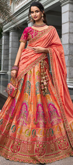 Multicolor color Lehenga in Banarasi Silk fabric with Border, Embroidered, Printed, Resham, Stone, Weaving, Zari work