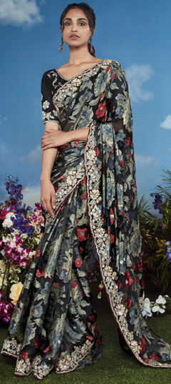 Black and Grey color Saree in Brasso fabric with Embroidered, Floral, Resham, Stone, Zari work