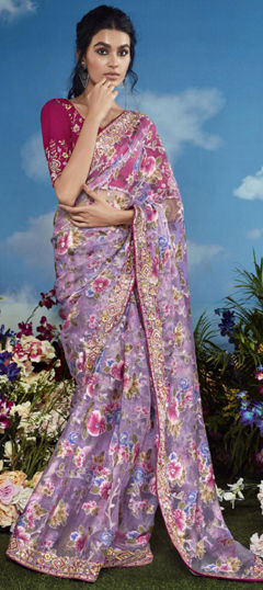 Purple and Violet color Saree in Brasso fabric with Embroidered, Floral, Resham, Stone, Zari work