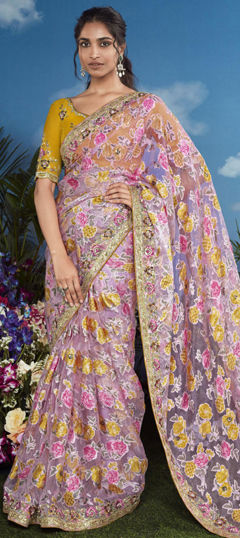 Pink and Majenta color Saree in Brasso fabric with Embroidered, Floral, Resham, Stone, Zari work