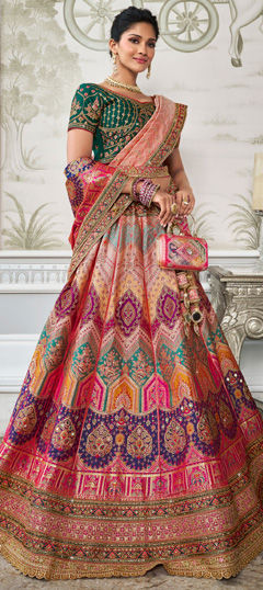 Multicolor color Lehenga in Banarasi Silk fabric with Border, Embroidered, Printed, Resham, Stone, Weaving, Zari work