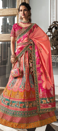 Multicolor color Lehenga in Banarasi Silk fabric with Border, Embroidered, Printed, Resham, Stone, Zari work