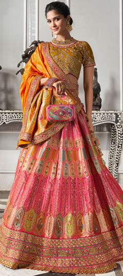 Pink and Majenta color Lehenga in Banarasi Silk fabric with Border, Embroidered, Printed, Resham, Stone, Weaving, Zari work