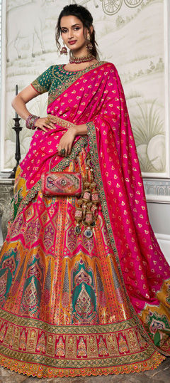 Multicolor color Lehenga in Banarasi Silk fabric with Border, Embroidered, Printed, Resham, Stone, Weaving, Zari work