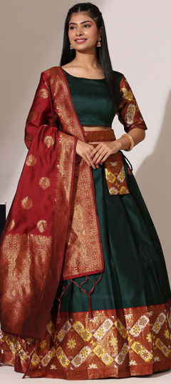 Green color Lehenga in Silk fabric with Weaving, Zari work