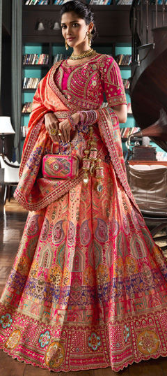 Multicolor color Lehenga in Banarasi Silk fabric with Border, Embroidered, Printed, Resham, Stone, Weaving, Zari work