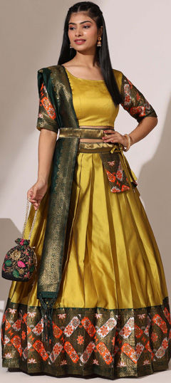 Yellow color Lehenga in Silk fabric with Weaving, Zari work