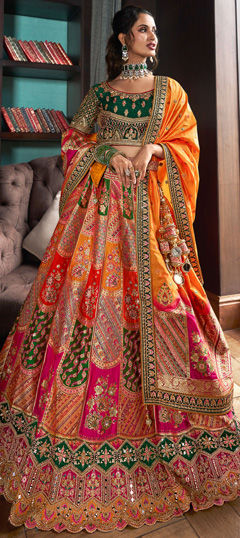 Multicolor color Lehenga in Banarasi Silk fabric with Border, Embroidered, Printed, Resham, Stone, Weaving, Zari work