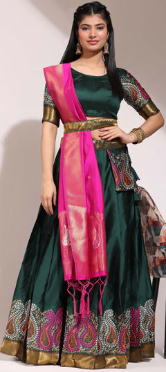 Engagement, Festive, Reception Green color Lehenga in Silk fabric with Flared Thread, Weaving work : 1971869