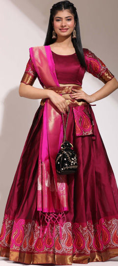 Engagement, Festive, Reception Red and Maroon color Lehenga in Silk fabric with Flared Thread, Weaving work : 1971871