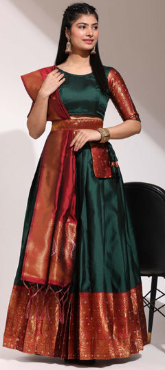 Green color Lehenga in Silk fabric with Weaving work