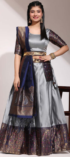 Black and Grey color Lehenga in Silk fabric with Weaving work