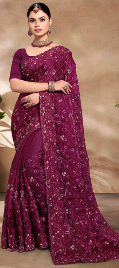 Engagement, Reception, Wedding Purple and Violet color Saree in Silk fabric with Classic Embroidered, Resham, Sequence work : 1971889