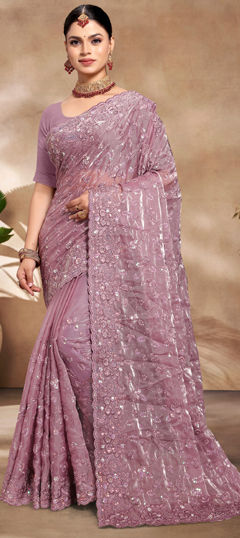 Engagement, Reception, Wedding Purple and Violet color Saree in Silk fabric with Classic Embroidered, Resham, Sequence work : 1971890