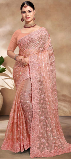 Engagement, Reception, Wedding Pink and Majenta color Saree in Silk fabric with Classic Embroidered, Resham, Sequence work : 1971891