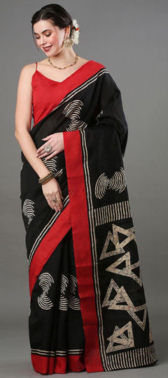 Black and Grey color Saree in Art Silk fabric with Printed work