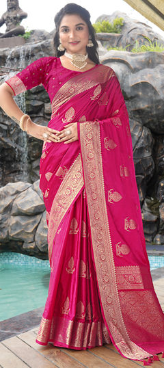 Pink and Majenta color Saree in Satin Silk fabric with Weaving work