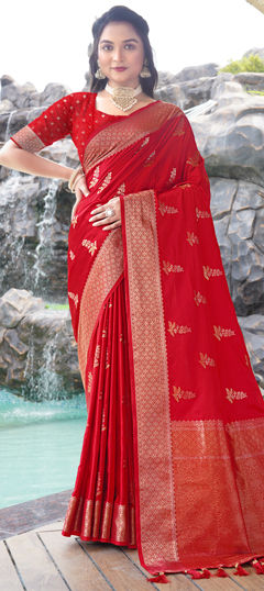 Red and Maroon color Saree in Satin Silk fabric with Weaving work