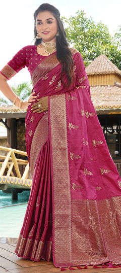 Red and Maroon color Saree in Satin Silk fabric with Weaving work