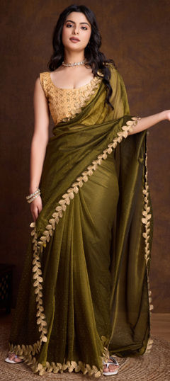 Green color Saree in Shimmer fabric with Embroidered, Thread work