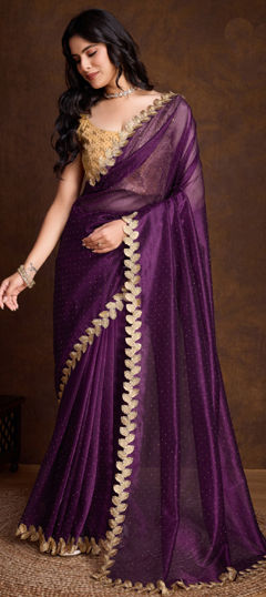 Purple and Violet color Saree in Shimmer fabric with Embroidered, Thread work