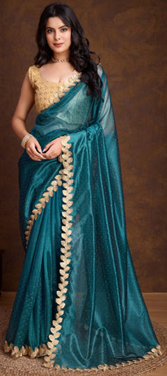 Blue color Saree in Shimmer fabric with Embroidered, Thread work