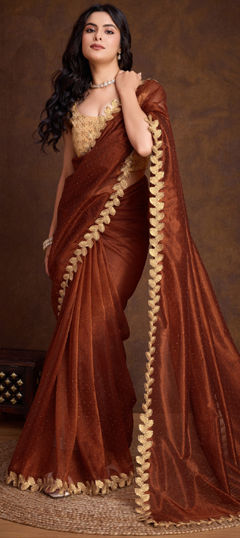 Beige and Brown color Saree in Shimmer fabric with Embroidered, Thread work