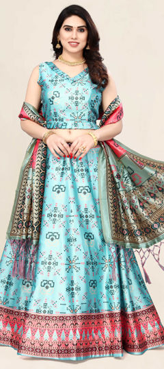 Festive, Party Wear, Reception Blue color Lehenga in Satin Silk fabric with Flared Printed work : 1971921