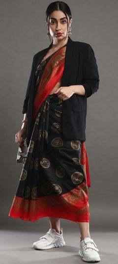 Black and Grey color Saree in Art Silk fabric with Printed work