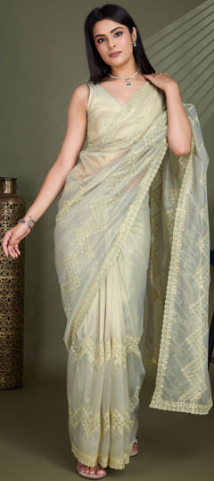 Beige and Brown color Saree in Organza Silk fabric with Embroidered, Resham, Sequence, Thread work