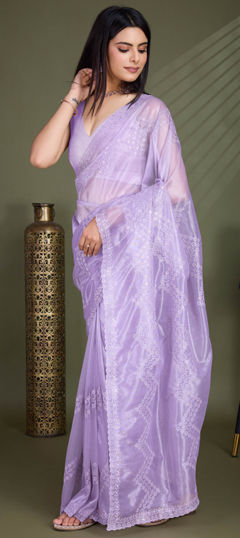 Purple and Violet color Saree in Organza Silk fabric with Embroidered, Resham, Sequence, Thread work