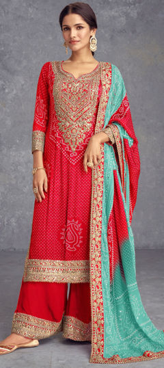 Red and Maroon color Salwar Kameez in Silk fabric with Bandhej, Embroidered, Printed, Thread, Zari work