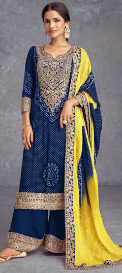 Blue color Salwar Kameez in Silk fabric with Bandhej, Embroidered, Printed, Thread, Zari work