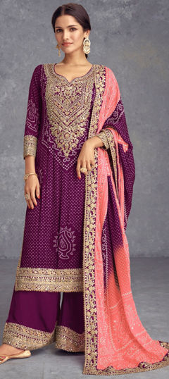 Purple and Violet color Salwar Kameez in Silk fabric with Bandhej, Embroidered, Printed, Thread, Zari work