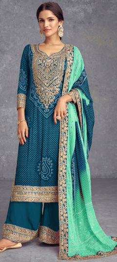 Green color Salwar Kameez in Silk fabric with Bandhej, Embroidered, Printed, Thread, Zari work