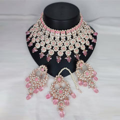 Gold Rodium Polish Pink and Majenta color Necklace in Metal Alloy studded with CZ Diamond, Pearl