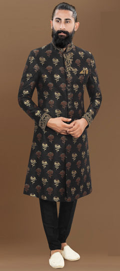 Party Wear Black and Grey color Sherwani in Banarasi Silk, Brocade fabric with Bugle Beads, Zardozi, Zari work : 1971993