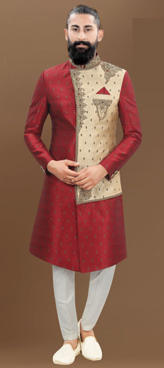 Party Wear Red and Maroon color Sherwani in Jacquard fabric with Bugle Beads, Patch, Stone, Zari work : 1972000