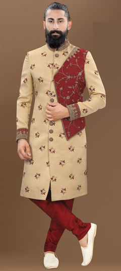 Party Wear Beige and Brown color Sherwani in Jacquard fabric with Bugle Beads, Stone, Thread work : 1972001