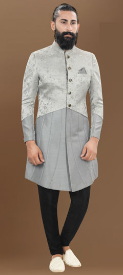 Black and Grey color IndoWestern Dress in Jacquard fabric with Weaving work
