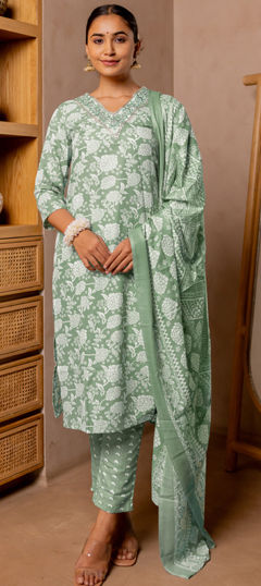 Green color Salwar Kameez in Cotton fabric with Embroidered, Printed work