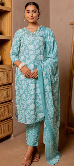 Blue color Salwar Kameez in Cotton fabric with Embroidered, Printed work