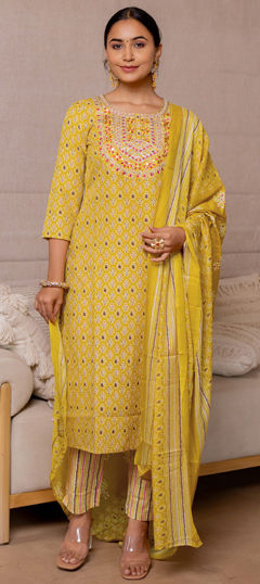 Yellow color Salwar Kameez in Cotton fabric with Embroidered, Printed work