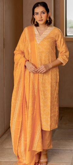 Orange color Salwar Kameez in Cotton fabric with Embroidered, Printed work