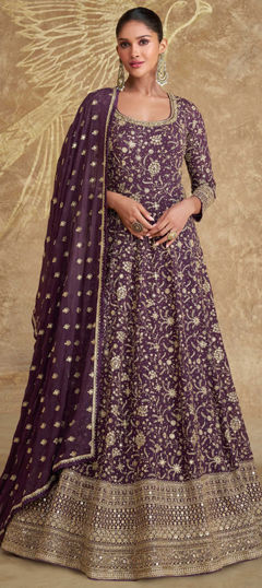 Purple and Violet color Gown in Georgette fabric with Embroidered, Sequence, Thread work