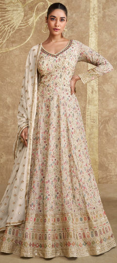 Beige and Brown color Gown in Georgette fabric with Embroidered, Sequence, Thread work