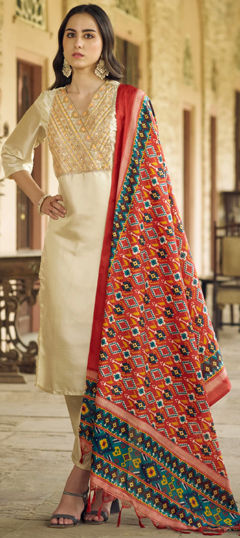 Beige and Brown color Salwar Kameez in Blended fabric with Embroidered, Sequence, Thread, Zari work